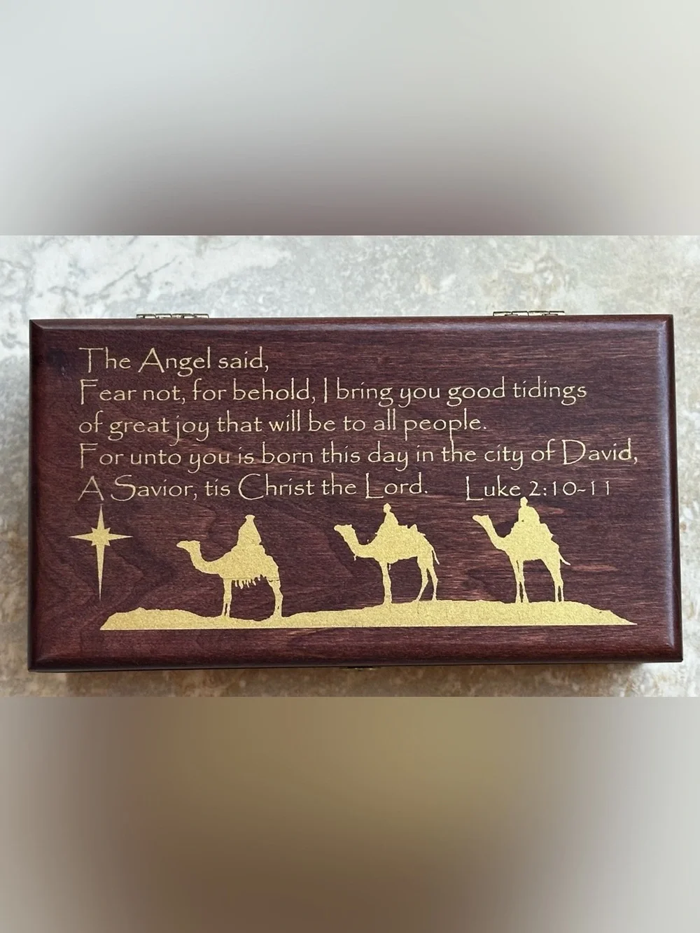 New with Key Christian Wooden Locking Keepsake Box, Nativity Luke Scripture